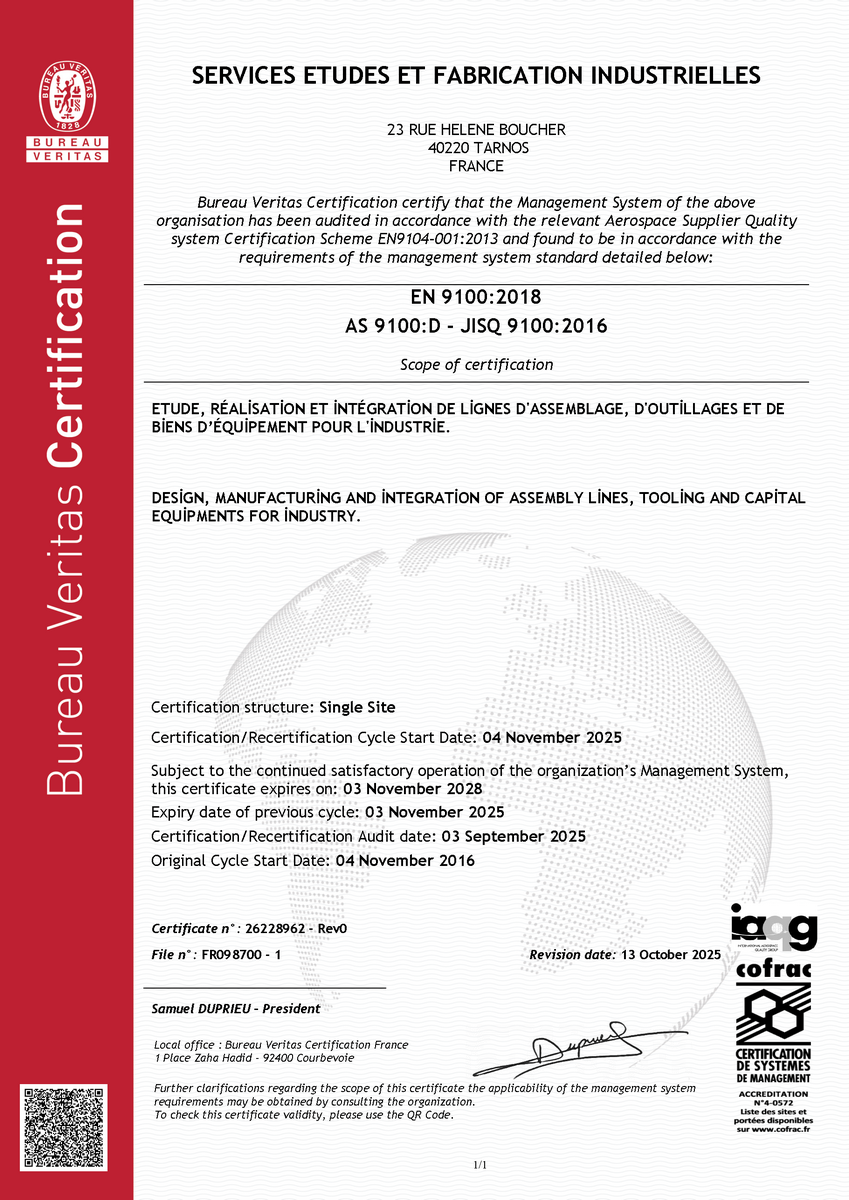 Certificat EN 9100 SEFI Tarnos