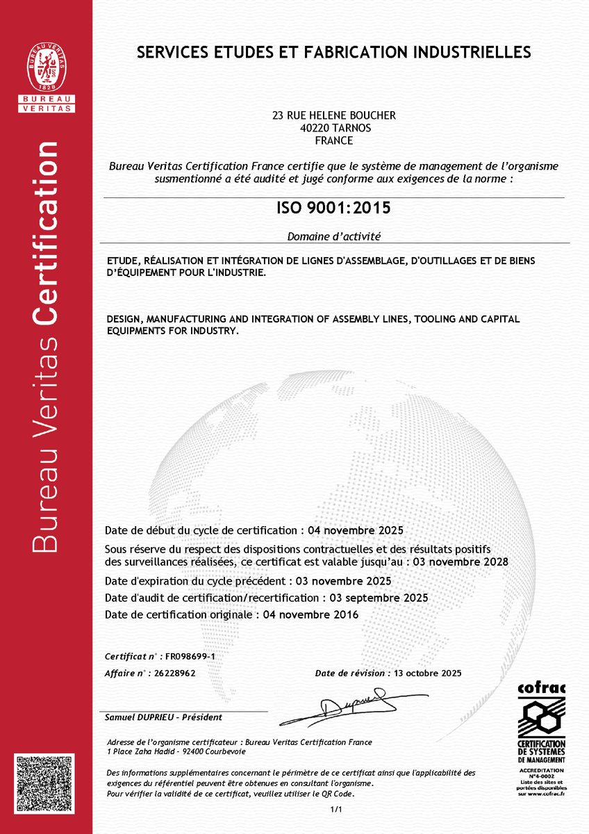 Certificat ISO 9001 SEFI Tarnos